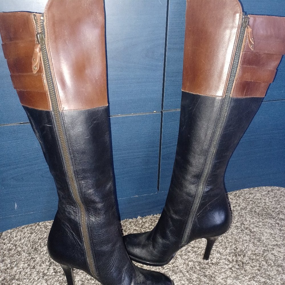 Black/brown high heeled boots, knee high with 3-4" heels, Cole Haan.